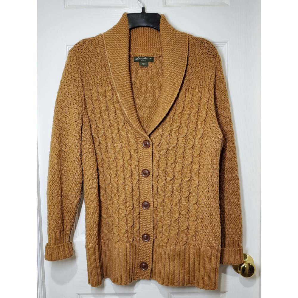 Eddie Bauer Women’s L Cable Knit Wool Blend Cardigan Sweater Shawl Collar Gold